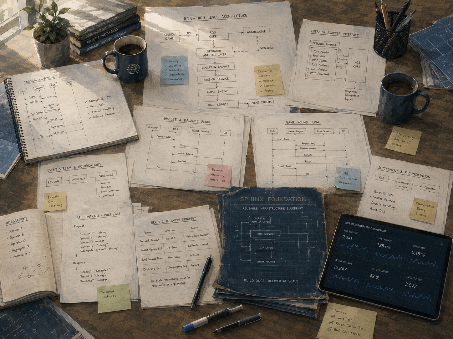 Architecture diagrams and API contracts spread across a desk alongside the SPHINX Foundation blueprint